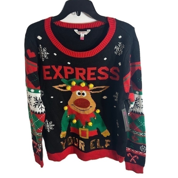 Ugly Christmas Sweater Express Your Elf Rudolph Reindeer NWT XXL Black Red - Picture 1 of 7